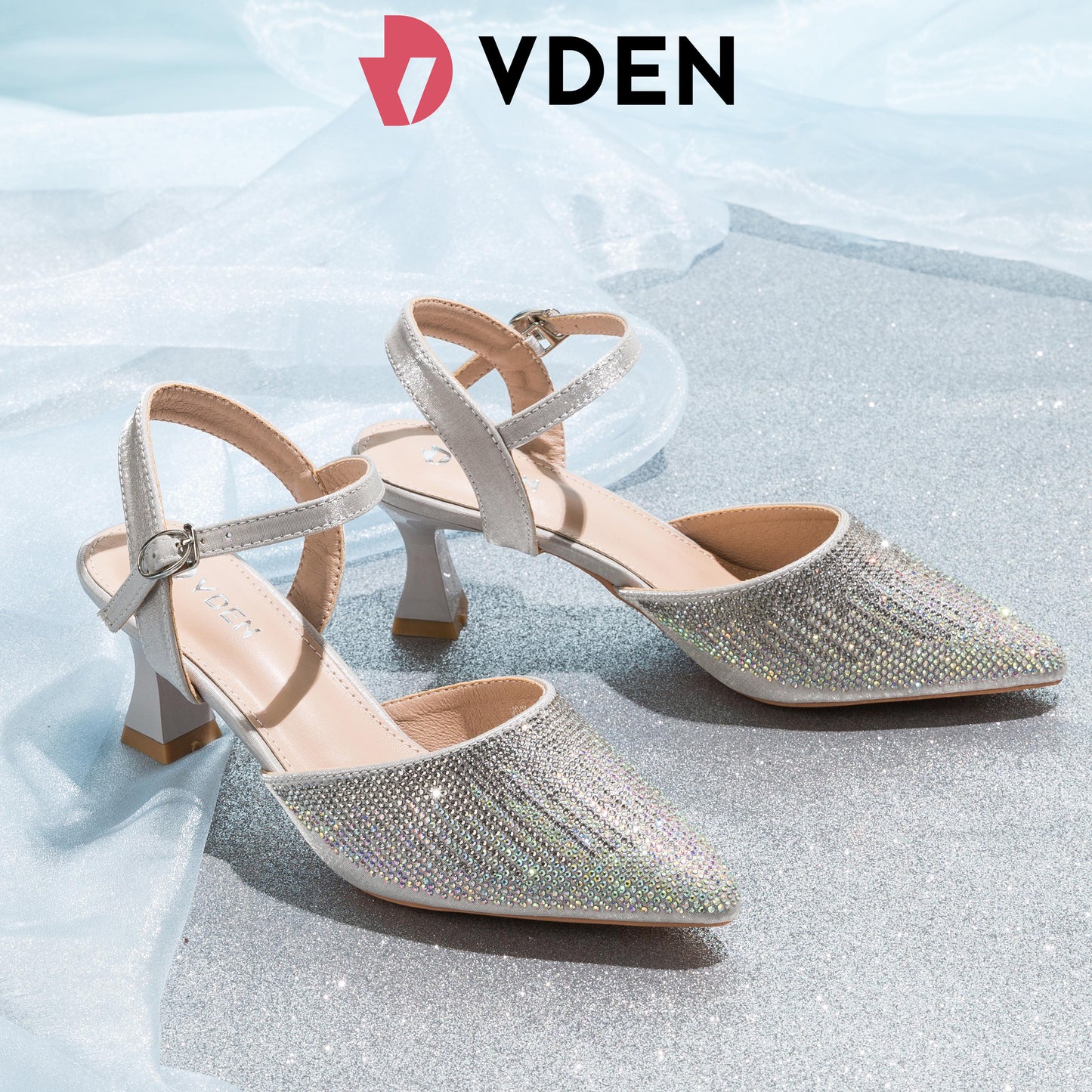 VDEN High-Heeled Shoes For Women (V008-2) 2024 Spring New Women's Fashion Versatile Pointed Toe Stiletto Heel Rhinestone Sandals