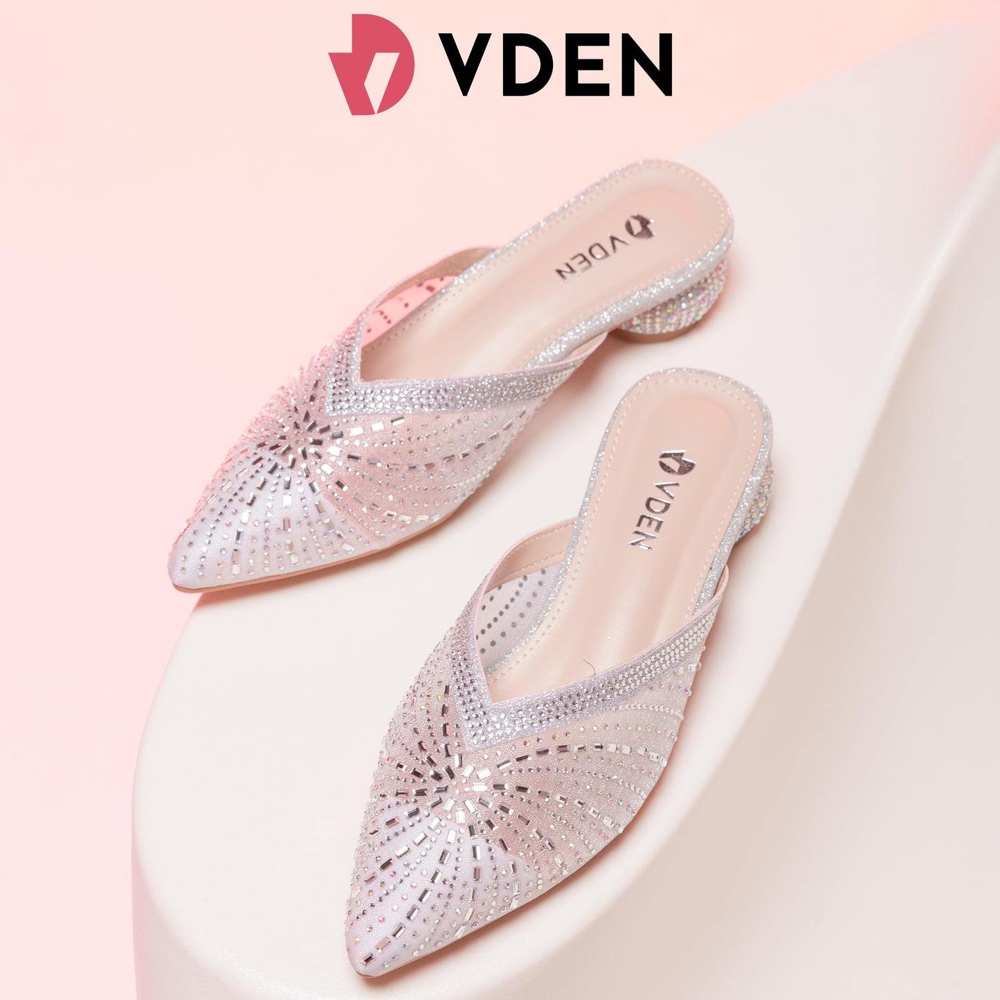 VDEN Pointed Toe Heels Sandal 608-A3-8 Mules Half Slippers For Women Summer Thick Heel Outer Wear 2024 New Style Genuine Leather Rhinestone Fashion Pointed Toe Medium Heel Sandals For Women
