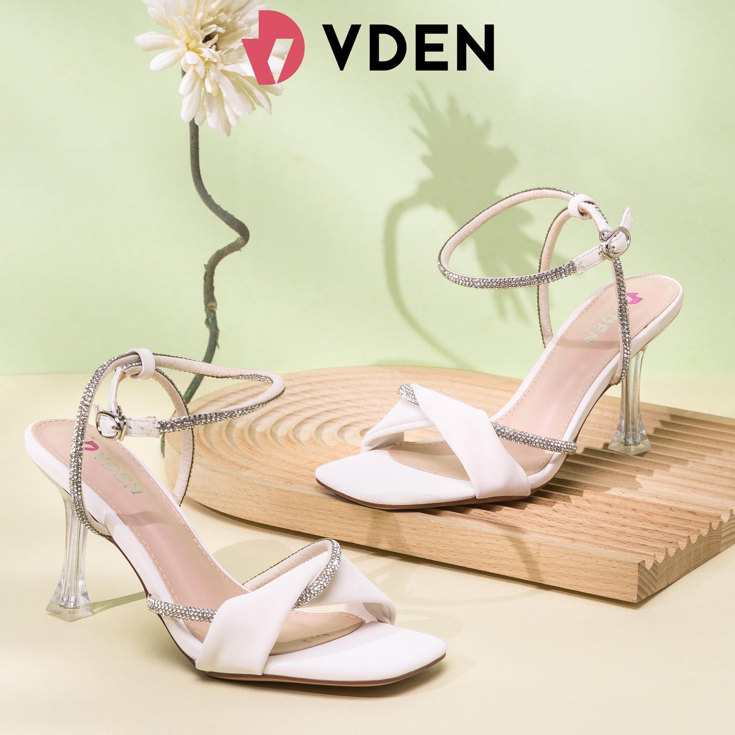 VDEN Open Toe Mid Heels Ankle Strap Rhinestone Clear Sandal 3.2INCH/8.5CM 631-5 Rhinestone Decorated Crystal Heel High Heels Open Toe Single Strap Sandals Stiletto Sexy High Heels Party High Heels
