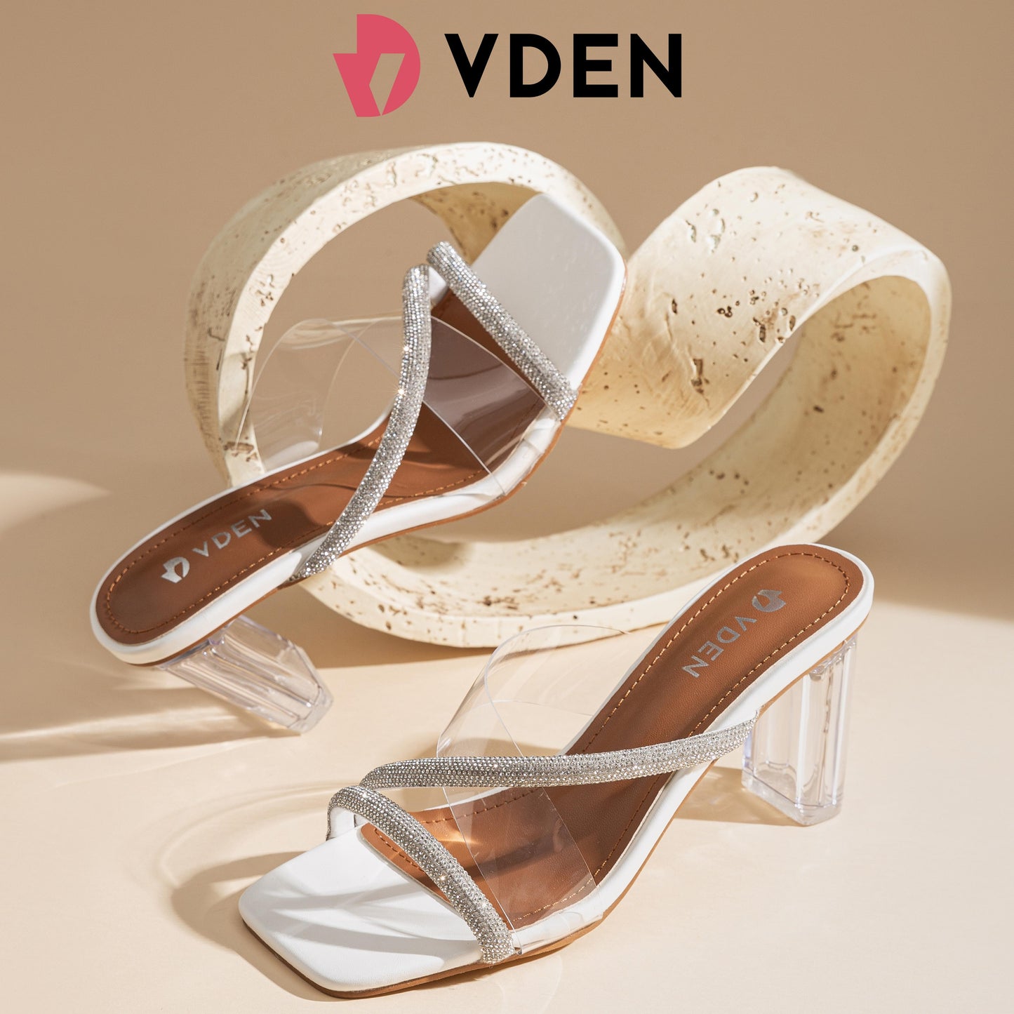 VDEN Heels Women's High-heeled Sandals  Horseshoe Heels 3INCH/7.7CM 1855-D1 Comfort Elegant Girl Footwear Classy Open Toe Rhinestones Decoration Transparent Strap Crystal Heels Sexy Sandals Heels
