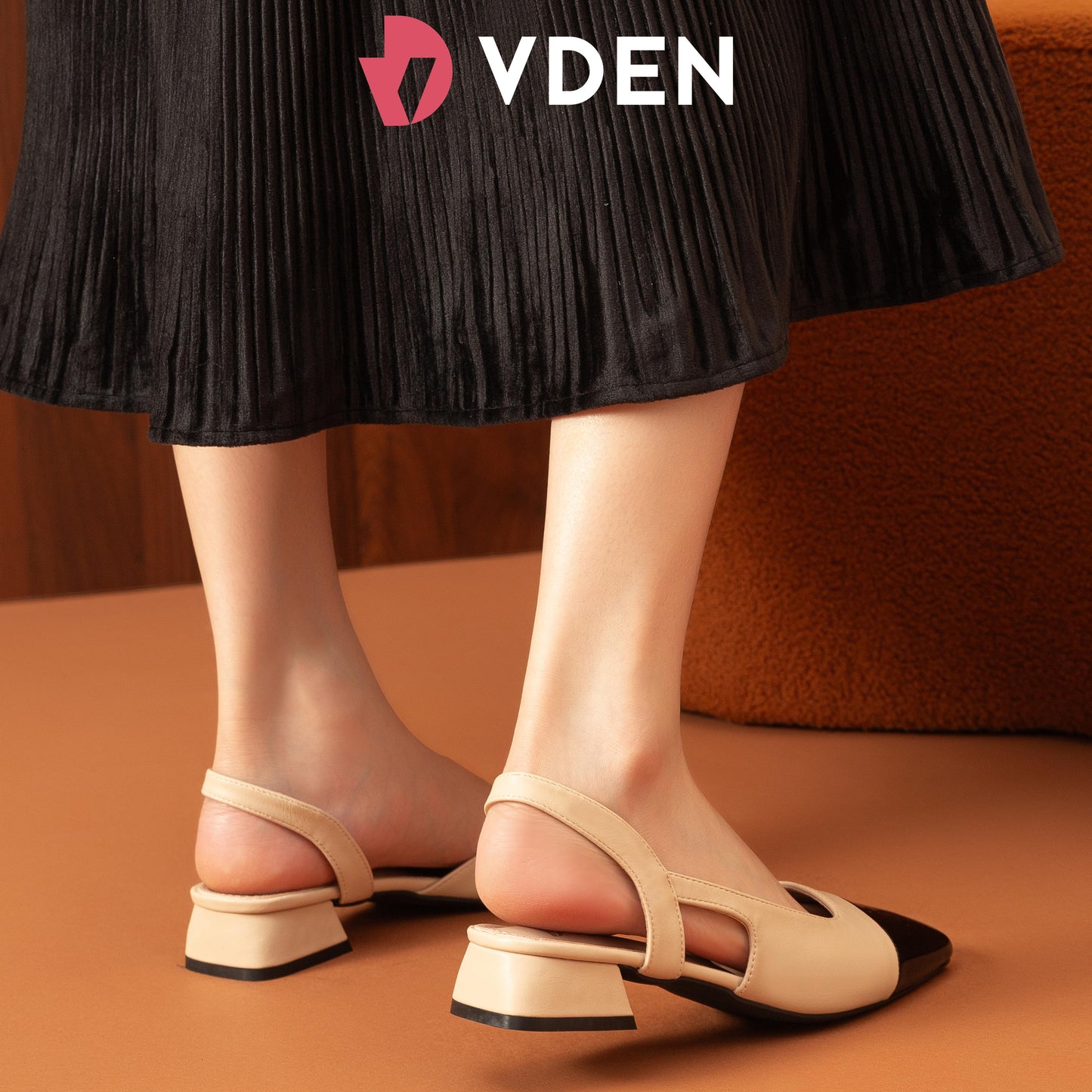 VDEN Women Square Toe Buckle Block Heel Shoes Slingback 1.2INCH/3CM X7921-1 Low Heel Gentle Lady Sandals Color Block Retro Women's Shoes